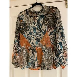 World Market Boho artsy fairycre floral print ruffle collar long sleeve top S/M